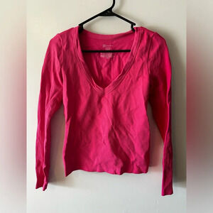 No Boundaries Juniors LG V-Neck Seamless Tee Ribbed Long Sleeve Top Shirt Pink